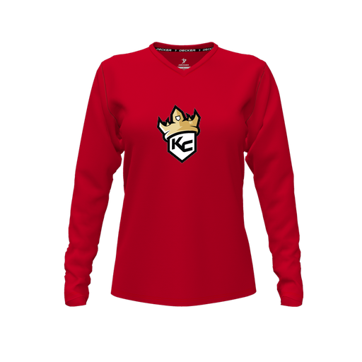 [FTLVPTRD-FYXS-LOGO2] Decker Performance T-Shirt (Female Youth XS, Red, V Neck, Logo 2, Long Sleeve)